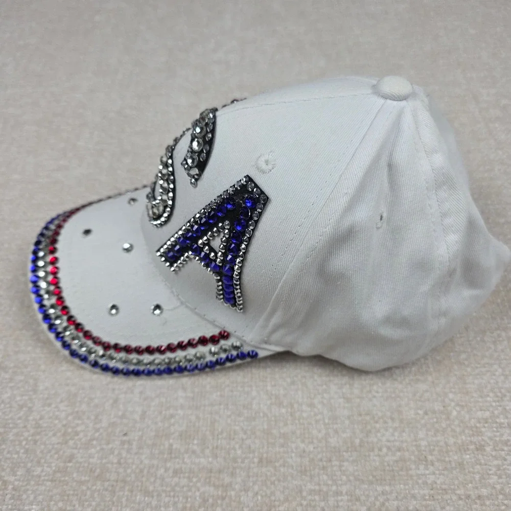 USA Rhinestone Baseball‎ Cap White Patriotic Red Blue Crystal Adjustable Hat